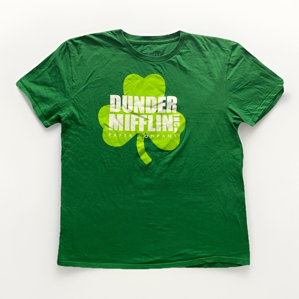 The Office NBC Dunder Mifflin Paper Company Green Logo Lucky T-Shirt Men's L